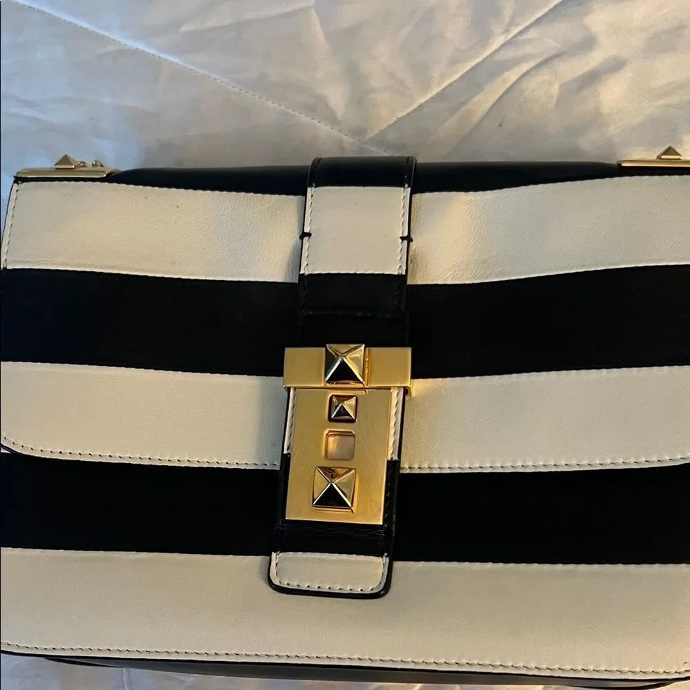 Valentino Garavani Napa Striped B-Rockstud Shoulder Bag with Gold Chain Strap